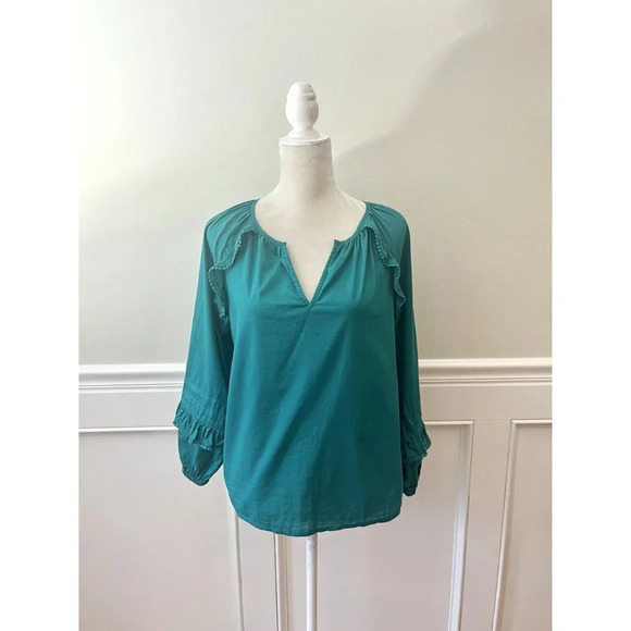 J. Crew Ruffle Trim Peasant Top Green Cotton XS - Picture 2 of 5